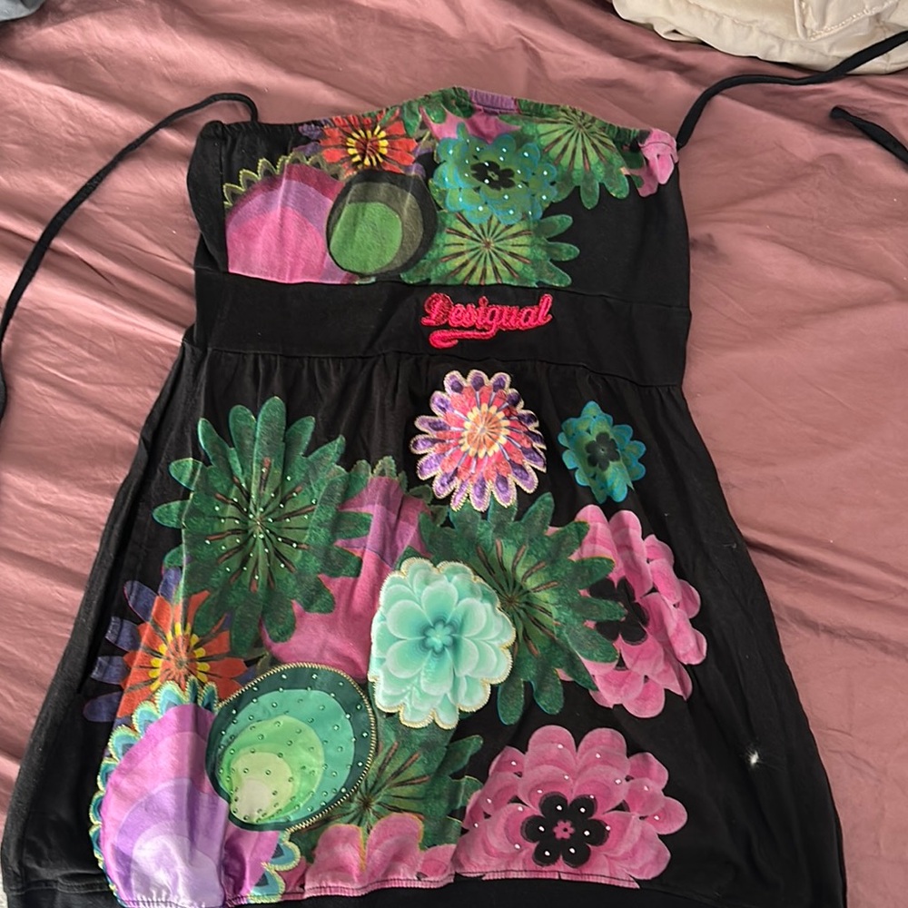 Desigual Black Floral Top with Pink and Green Accents